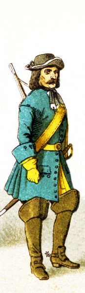 The figure shown here represents a Brandenburg Dragoon (1688). The clothes, attire, and names all