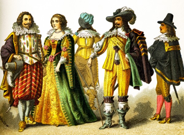 The figures here represent French people in the 1600s. They are, from left to right: a cavalier, a