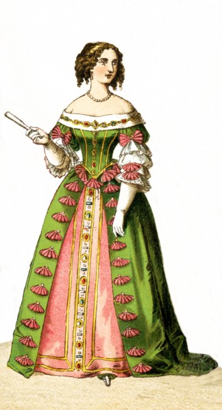 The Figure represented here Maria Theresa, Queen of France, in 1666. The illustration dates to 1882