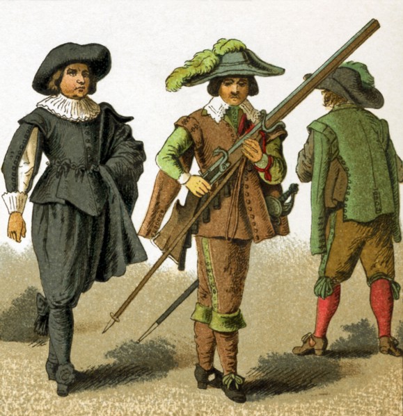 The dress of the Netherlands men shown in this illustration is from 1600. The figures represent,