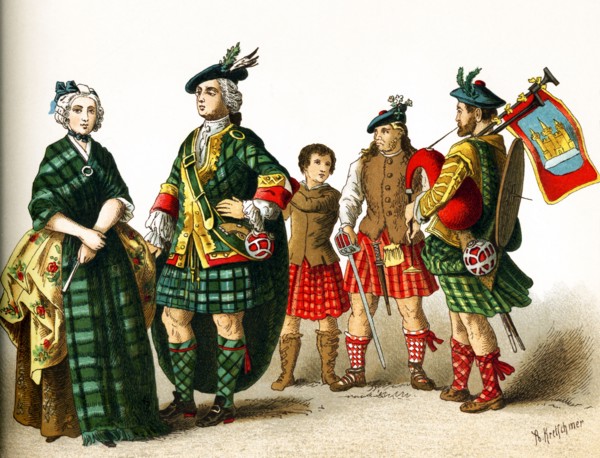 This illustration dating to 1882 shows five Scottish figures around 1700, from left to right: Lady