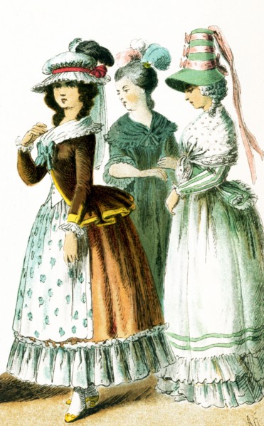Shown here are French women between 1750 and 1800. They are from left to right: two ladies in 1785