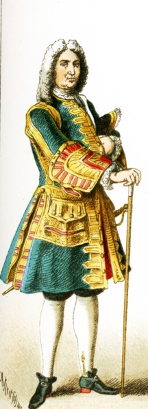 The figure represented here is a French men of rank from 1700 to 1750 A.D. The illustration dates