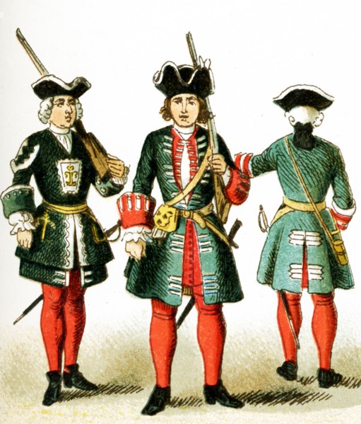 The figures represented here are French people from 1700 to 1750 A.D. They are, from left to right: