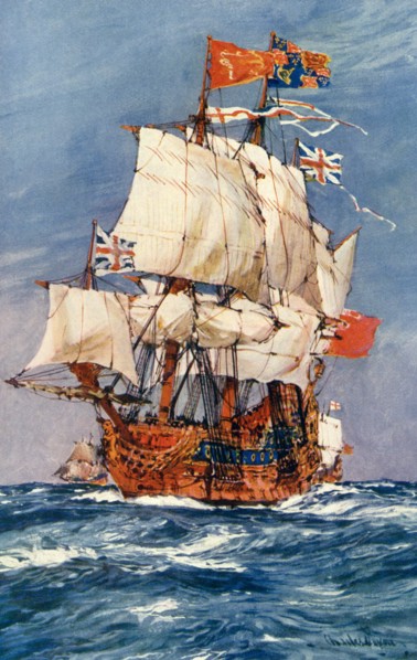 This illustration of a 17th-century English warship under full sail is an adaptation of a similar