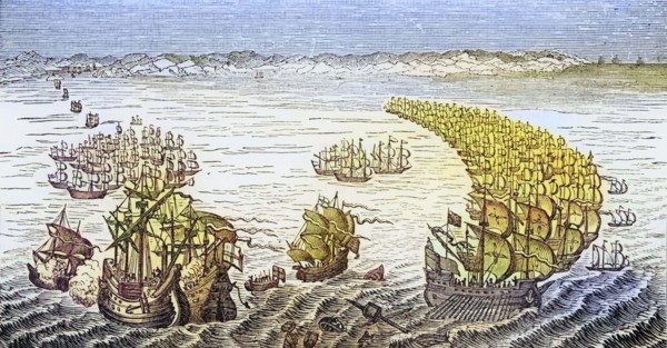 Die englische Flotte unter dem Kommando von Sir Francis Drake.