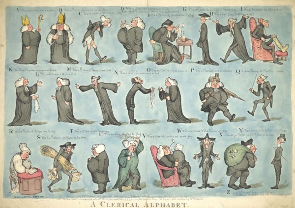 The Clerical Alphabet, Twenty-three clergymen in various attitudes illustrating a satirical