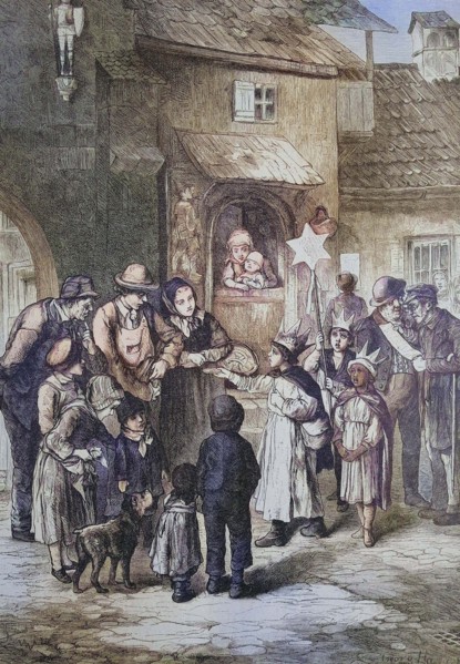 Children dressed up as the Three Wise Men have arrived in the village and are welcomed by the people.