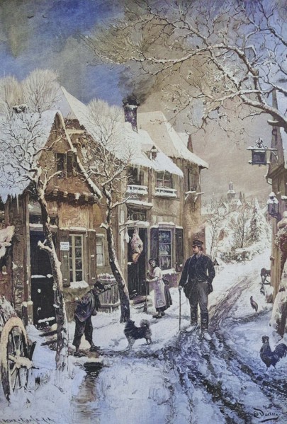 Tradesman wandering through a village in winter and being watched suspiciously by the inhabitants.