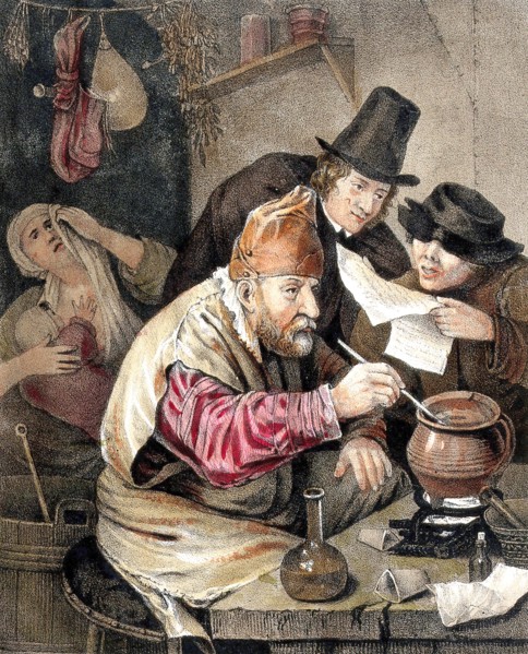 An alchemist bent over his crucible; an assistant reads him a recipe, watched by a spectator; the