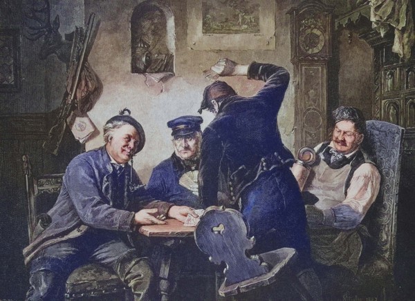 Four card game players in a village inn.