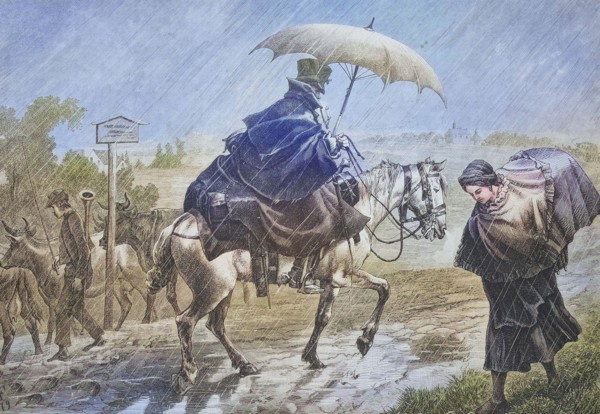 Model rider in the rain with an umbrella on his horse.
