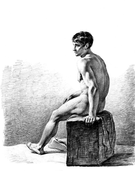 Man sitting naked, Nude, Man sitting on a block, sideways, Historic, digitally restored