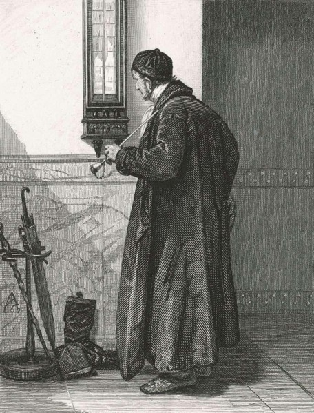 Man in front of a Barometer, Weather Forecast, 1850, Historic, digitally restored reproduction from