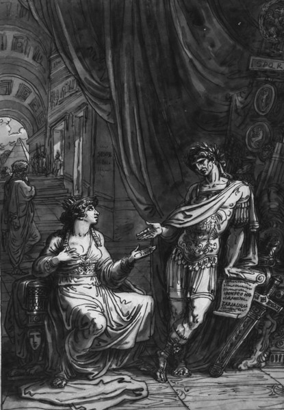 Cleopatra asks Caesar for help, Pharaoh Cleopatra VII born 69 BC, died 12 August 30 BC, ruled Egypt