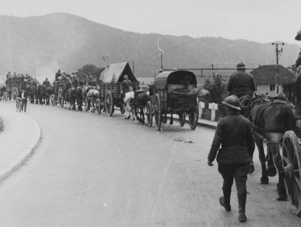 Swiss soldiers escort allied internees in the Jura, circa in 1940.