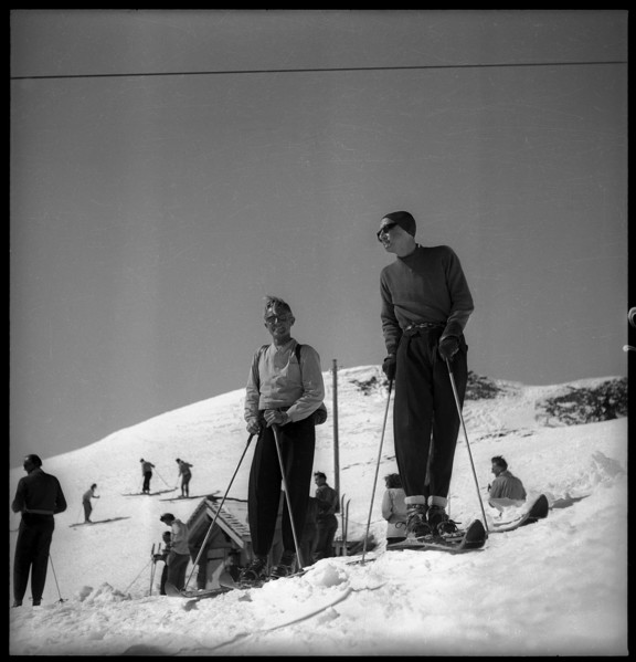 Skiers at the start hut of the Lauberhorn ski race, 1946.