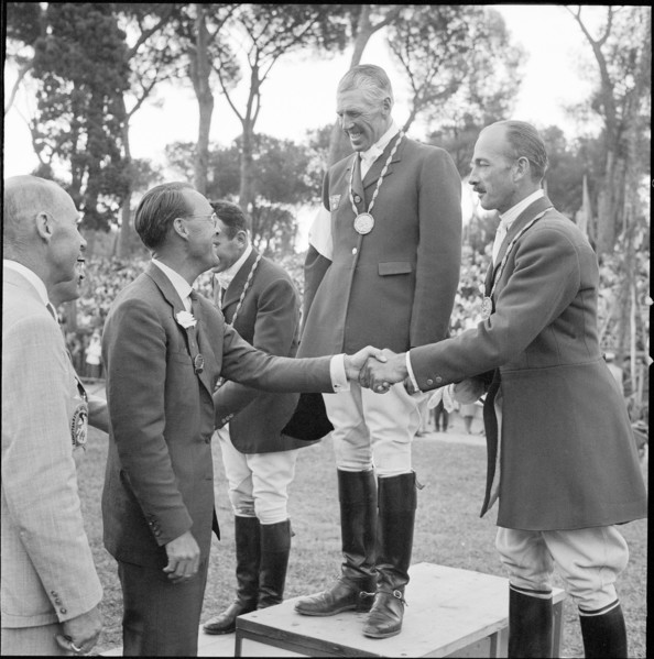 Olympic Games Rome 1960: Winners ceremony Three Day Event, Bühler, Morgan, Lavis.