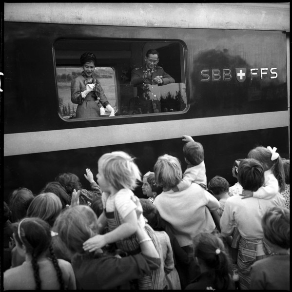 Farewell of Queen Sirikit and King Bhumibol of Thailand, 1960.