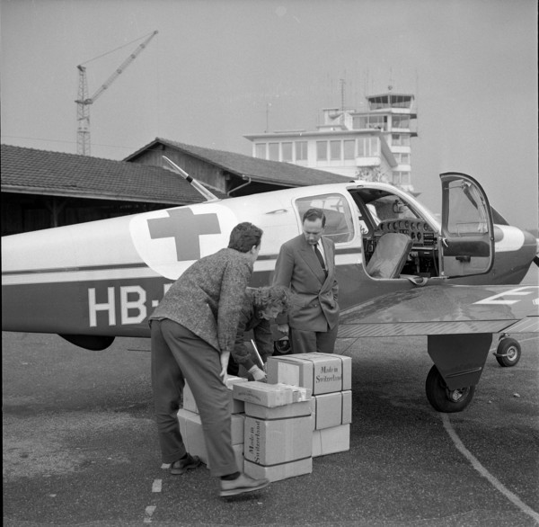 Swiss sports pilot with medicaments for Hungary, Kloten around 1956.