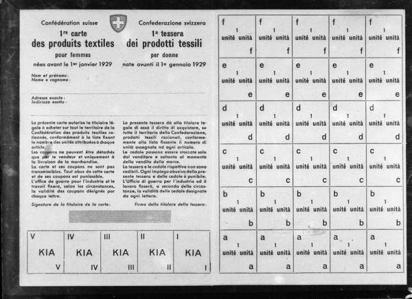 Textile ration card for women; coupons; 1940.