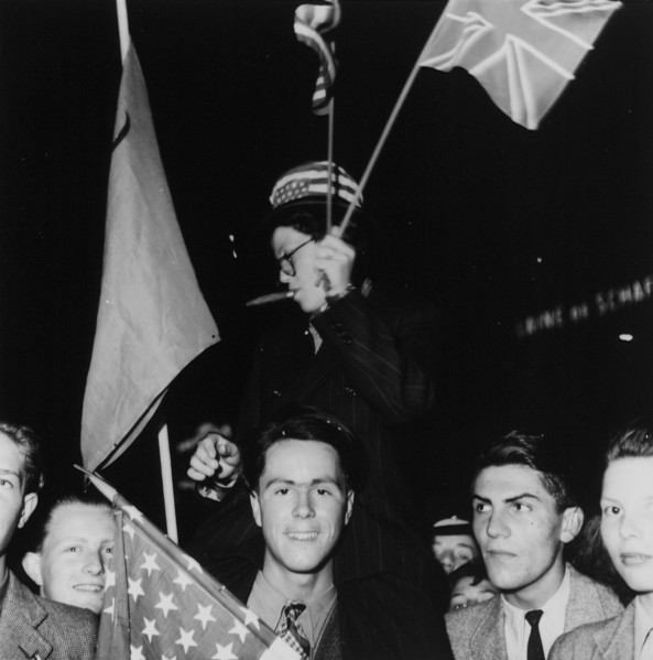 Young people celebrating end of second world war; 1945.