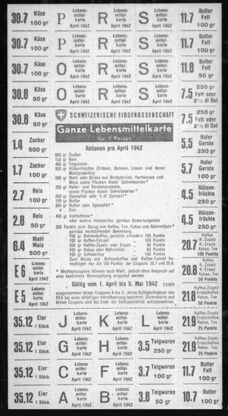 Food ration card for one month; 1940.
