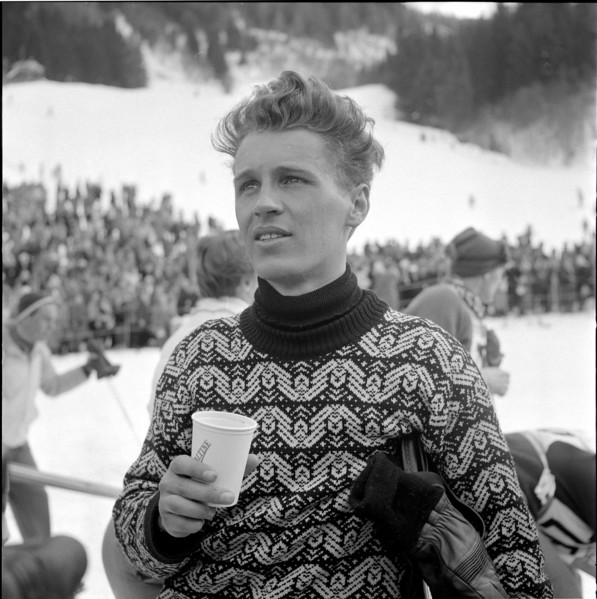 Josl Riederer, Austrian skier, with cup of Ovomaltine, 1958.