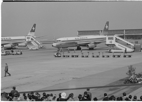 Swissair planes at the airport Zurich-Kloten, 1968