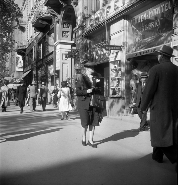 People passing by in Zurich, 1950