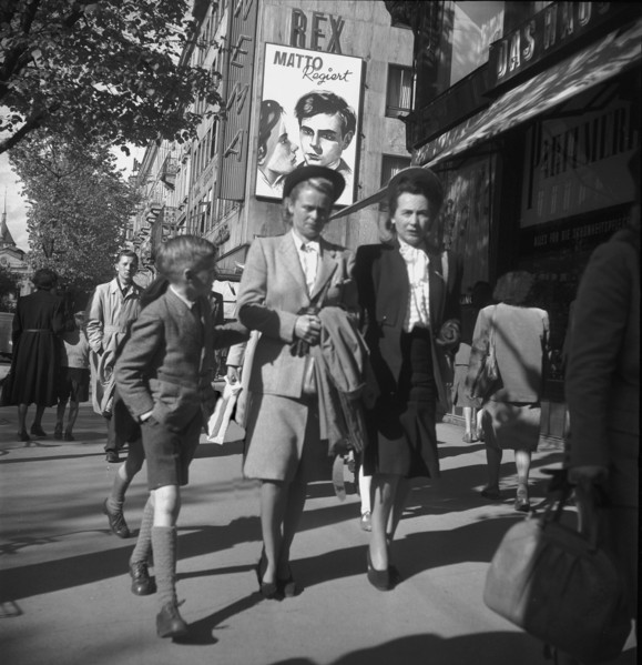 People passing by in Zurich, 1950