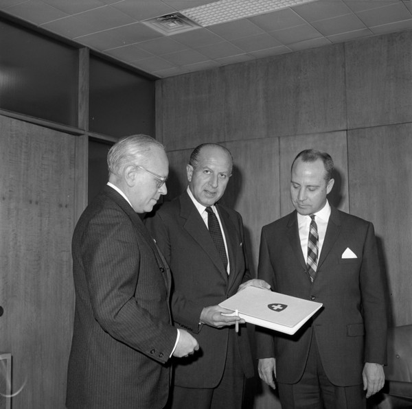 UN ambassador Ernst Thalmann, Constantin Stavrapoulos, Heinz Langenbacher 1963