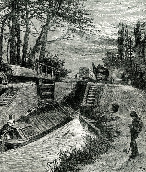 This illustration is titled On the Canal at Berkhampstead. The Grand Union Canal cuts through the