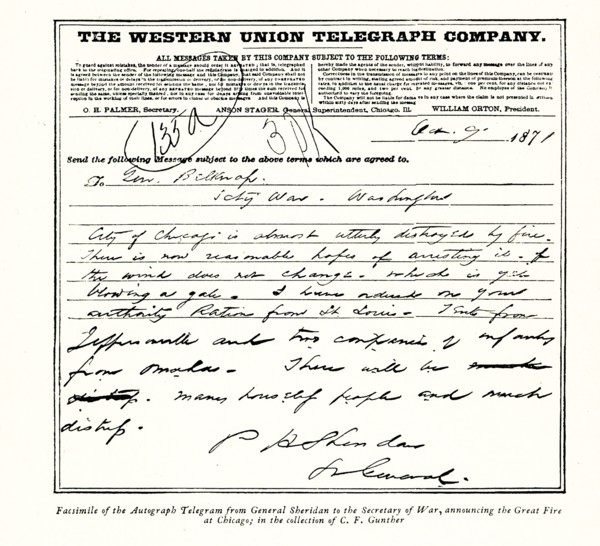 The 1896 caption reads: 'Facsimile of the Autograph Telegram from General Sheridan to Secretary of