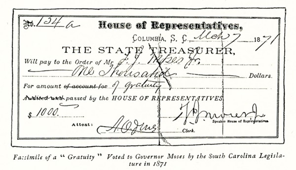 The 1896 caption reads: Facsimile of a 'gratuity' voted to Governor Moses by South Carolina