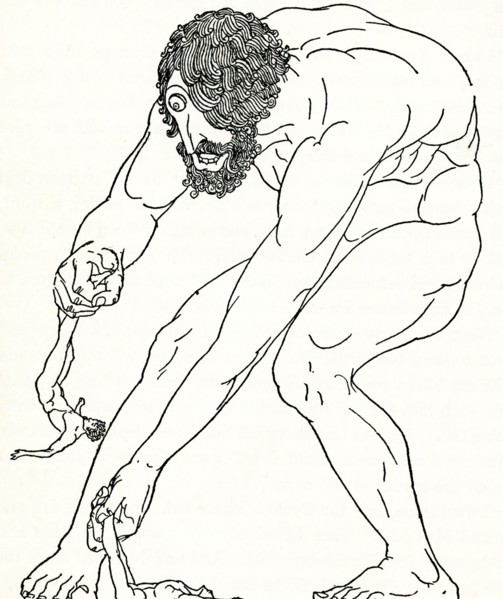 This 1918 image illustrates the Cyclops named Polyphemus preparuing to eat two of Odysseus’s men.