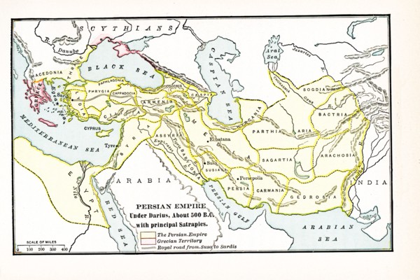 Persian Empire under Darius about 500 BC. with principal satrapies. The legend for this early 1900s