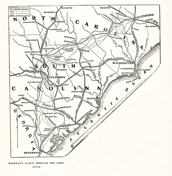 Sherman’s March Through Carolinas. This map shows: The Campaign of the Carolinas (January 1 - April