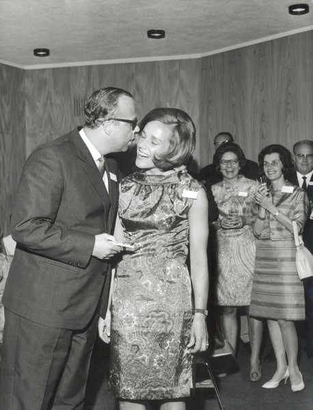 Hans Gmur kissing the ""Ideal Swiss Woman 1967"" Milena von Below.