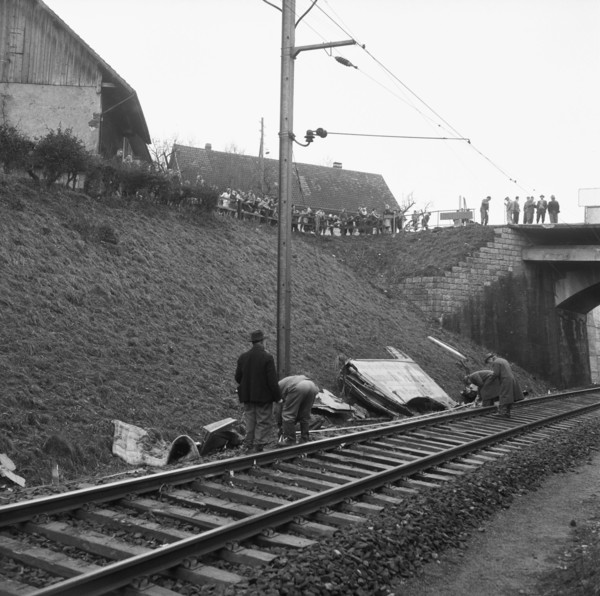 Fall of a german truck upon railway track because of speeding, 1957.