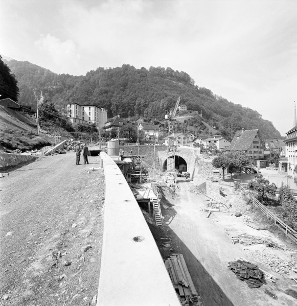 Road on the left shores of the Walensee under construction, 1959.