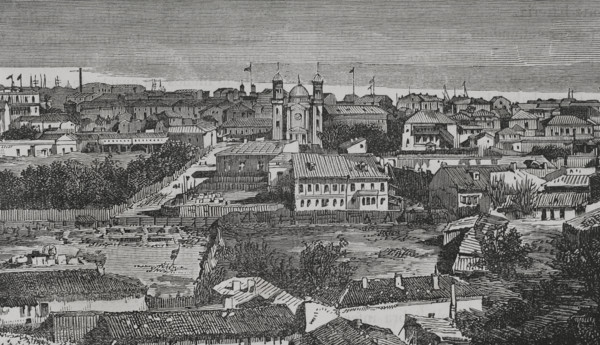 Galati, Romania. Panoramic view of the city on the shores of the Danube river. Engraving. ""La