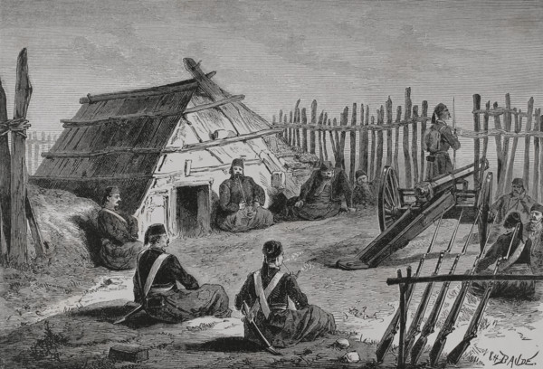 Russo-Turkish War (1877-1878). Turkish troop post on the Danube shores. Engraving by Charles Baude.
