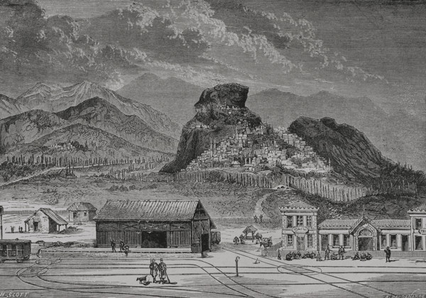 Bulgaria. General view of Philippopolis (Plovdiv). Drawing by H. Scott. Engraving by Daudenarde.