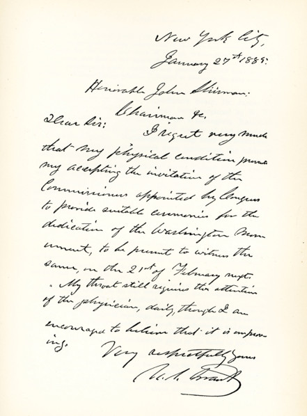 This 1892 images shows a letter from Ulysses s Grant dated January 27, 1885 and signed by Grant.