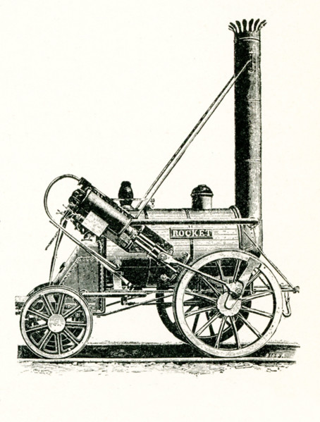 The rocket locomotive built by Robert Stephenson. The 'Rocket,' shown here in this 1901 engraving,