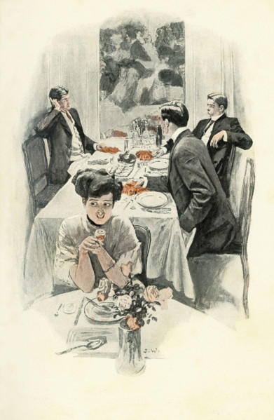 English men and woman sit at table in a restaurant area in the 1890s, the Victorian period. The