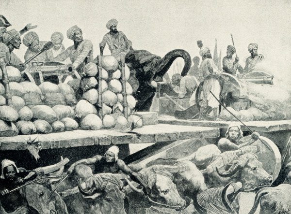 Battle of Plassey - The Nawab's Artillery on its Movable Platform. by R Caton Woodville. The Battle