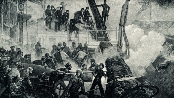 The 1899 caption reads: “Farragut forces the entrance of Mobile Bay painting by W H Overend.” The