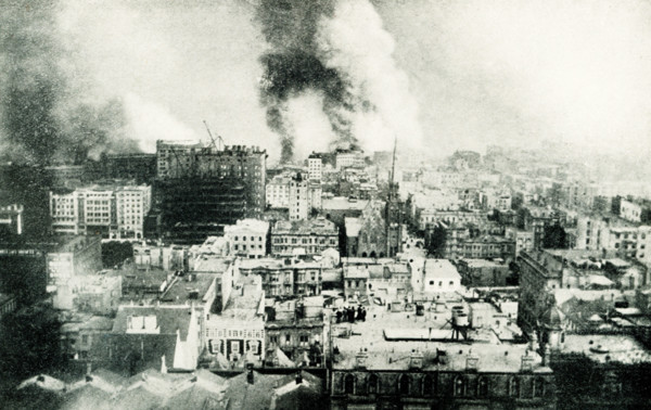 This 1899 illustration shows: “Destruction of San Francisco.” On the morning of April 18, 1906, a